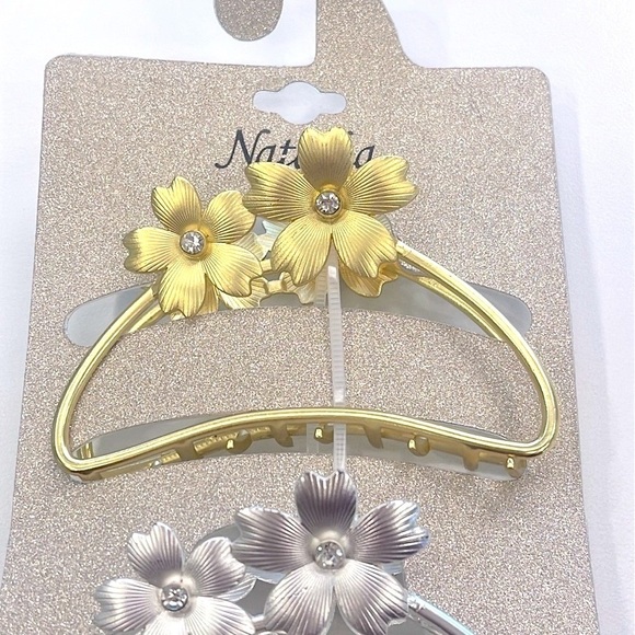 Brand New Natasha Set of 2 Metal Floral Rhinestone Gold & Silver Tone Hair Clips - Picture 4 of 15